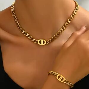 ✨ Luxury Gold-Tone Double D Chain Necklace & Bracelet Set ✨